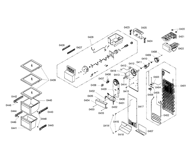 Evaporator/icemaker Diagram and Parts List for B20CS81SNB 01 Bosch Refrigerator