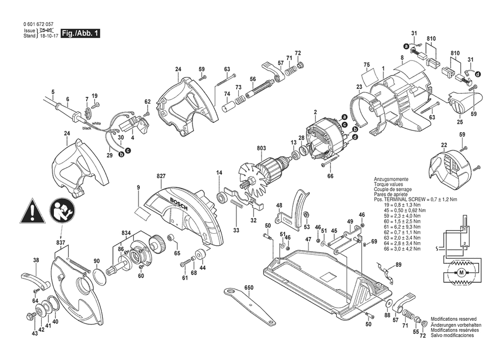 Section 1 Diagram and Parts List for 0601672057  Bosch Circular Saw
