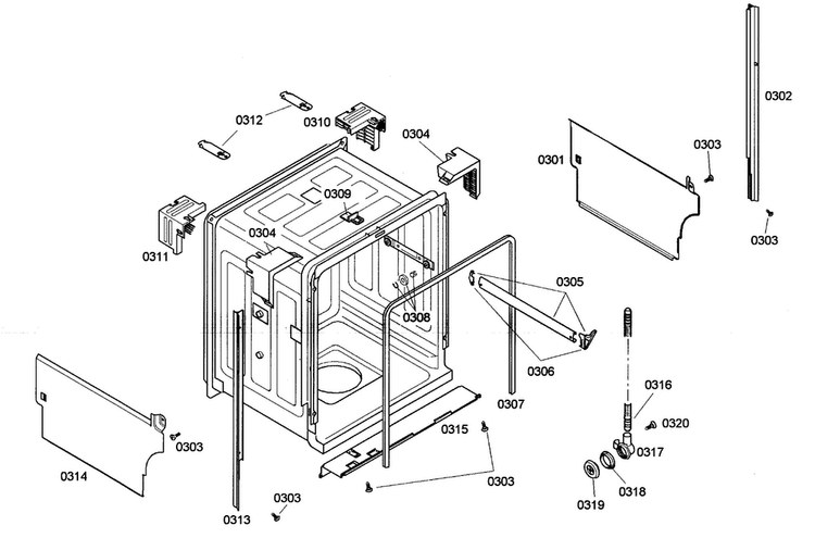 Cabinet Diagram and Parts List for SHE33M06UC 46 Bosch Dishwasher