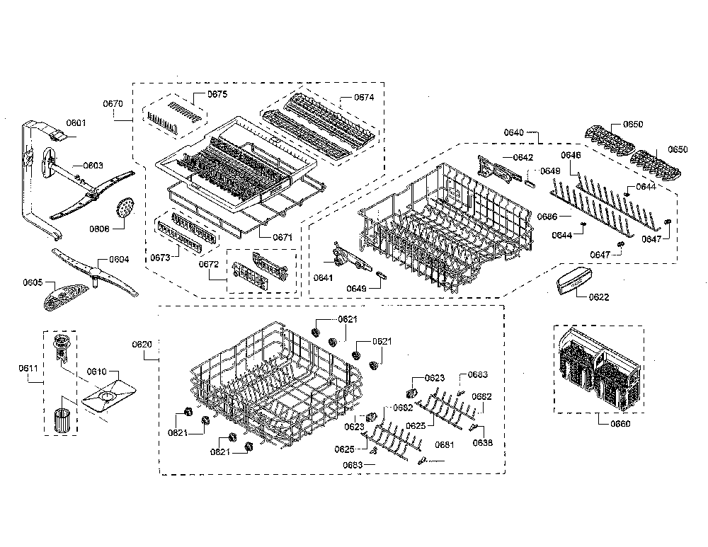 Spray arm/racks Diagram and Parts List for SHP865WF5N 01 Bosch Dishwasher