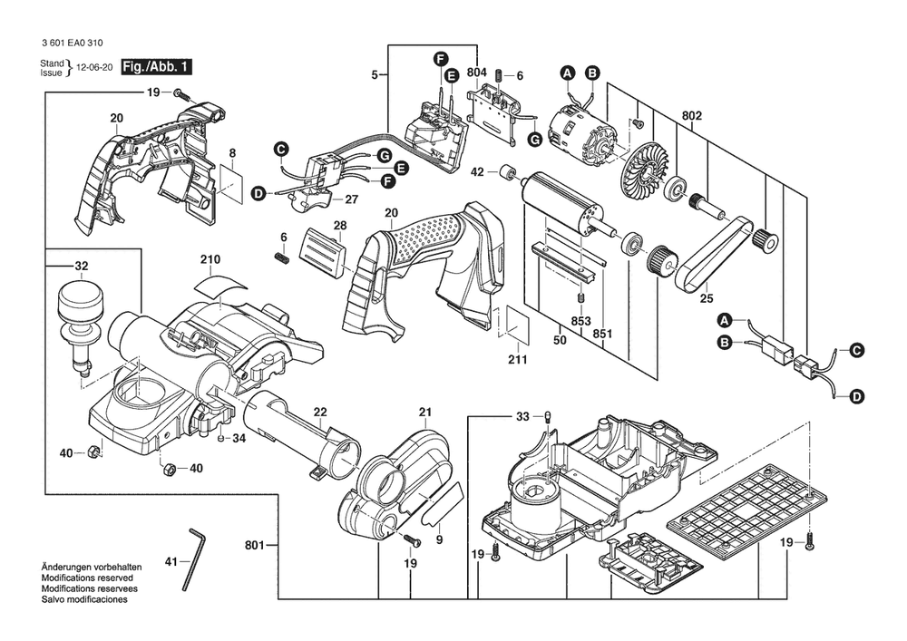 Section 1 Diagram and Parts List for 3601EA0310  Bosch Planer Jointer