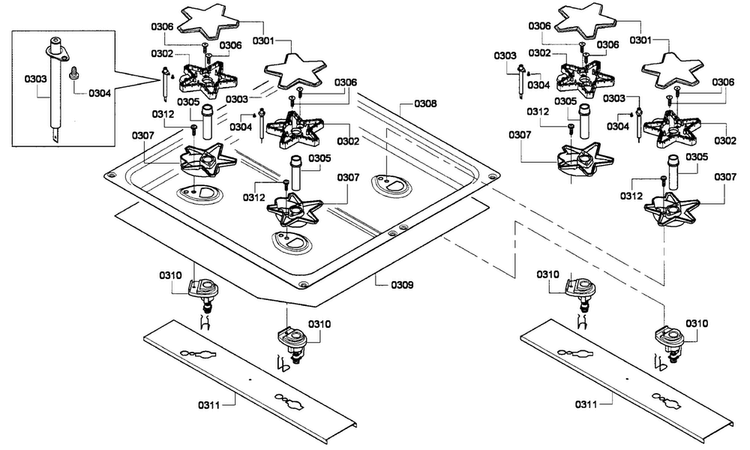 Burners Diagram and Parts List for PCG304G-01  Thermador Cooktop