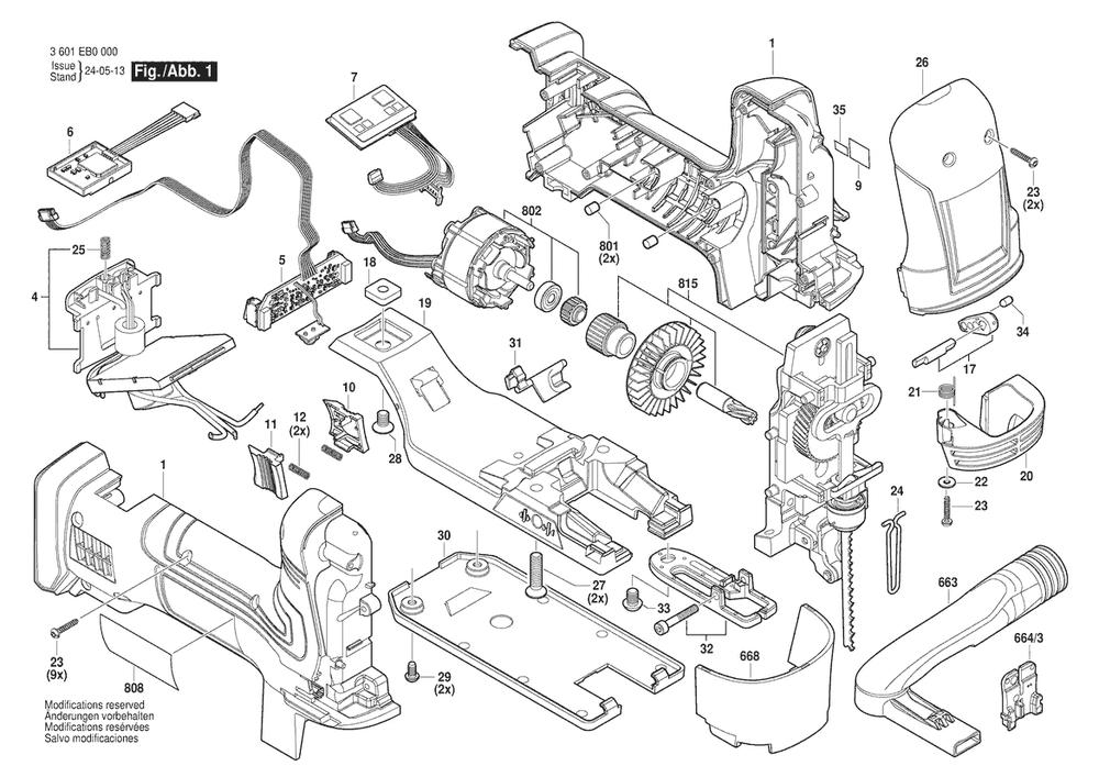 Section 1 Diagram and Parts List for 3601EB00B0  Bosch Jig Saw