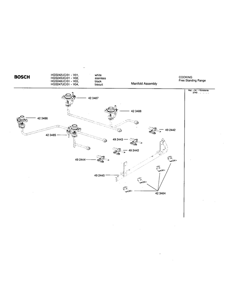 Manifold Assembly Diagram and Parts List for HGS245UC 01 Bosch Range