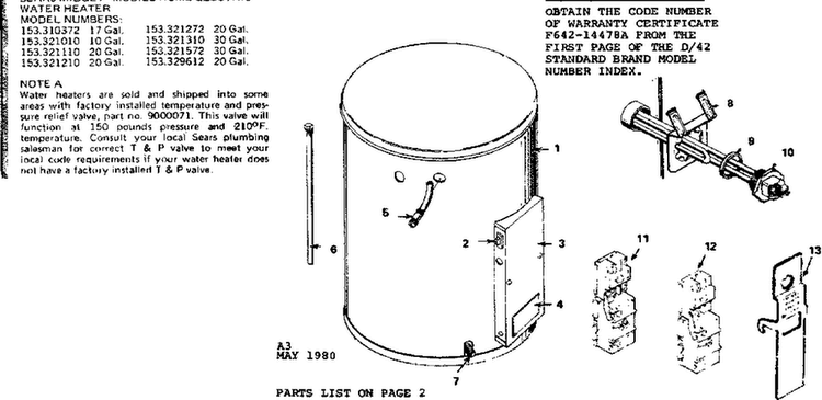 Replacement Parts Diagram and Parts List for 153329612  Kenmore Water Heater