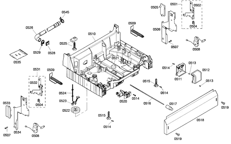 Base Assy Diagram and Parts List for SHE43M05UC 52 Bosch Dishwasher
