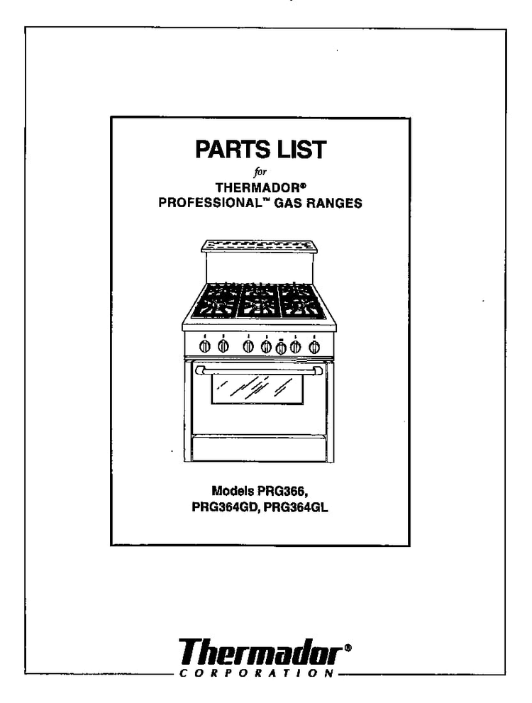 Cover Diagram and Parts List for PRG364GL  Thermador Range