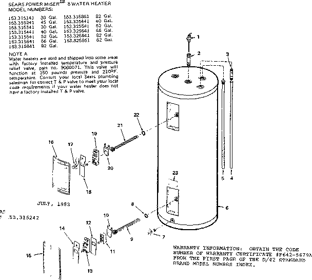 Replacement Parts Diagram and Parts List for 153315441  Kenmore Water Heater
