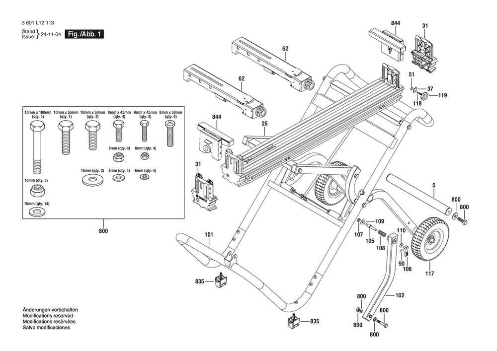 Section 1 Diagram and Parts List for T4B 3601L12113 Bosch Tool Stand & Cart