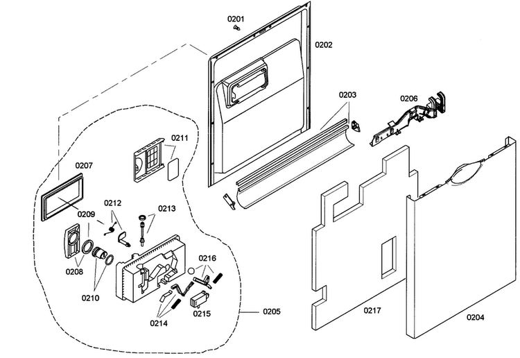 Door Diagram and Parts List for SHE33M05UC 46 Bosch Dishwasher