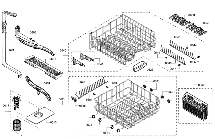 Rack Diagram and Parts List for SHX5AV52UC 01 Bosch Dishwasher