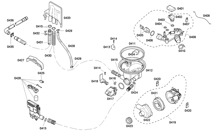 Pump Assy Diagram and Parts List for SHE45C02UC 56 Bosch Dishwasher