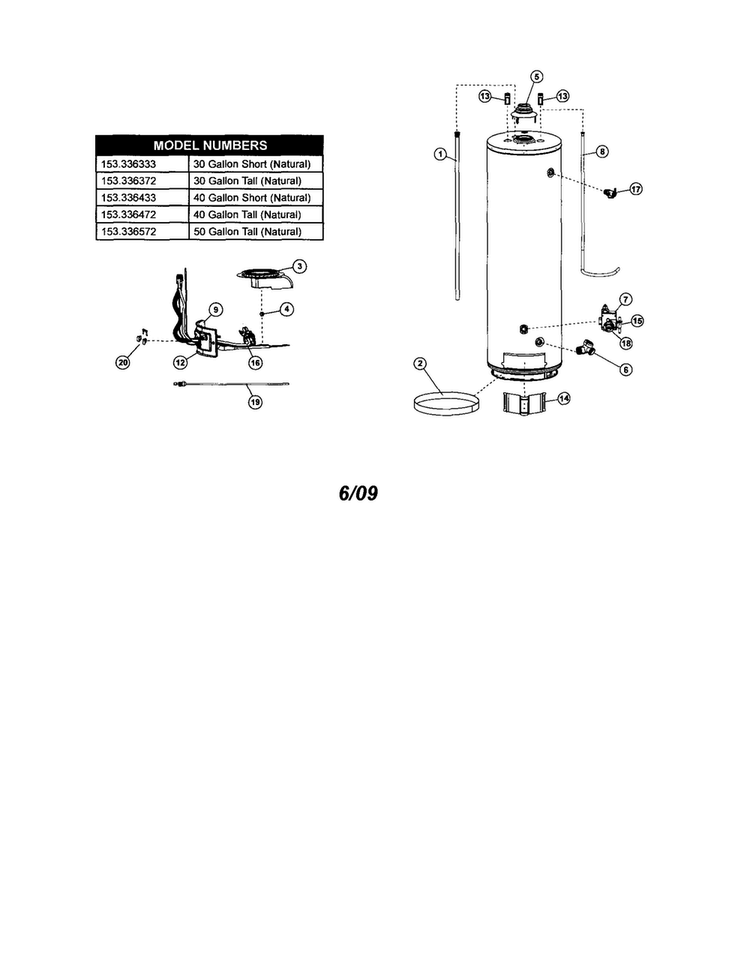 Water Heater-40 Gal Short Diagram and Parts List for 153336433  Kenmore Water Heater