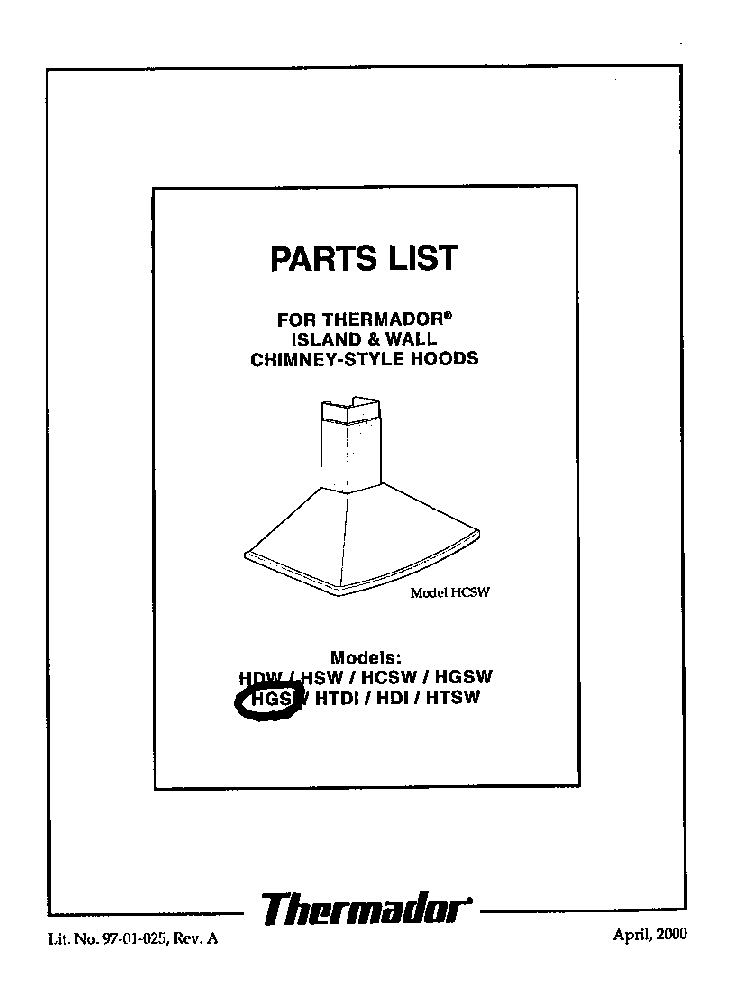 Cover Diagram and Parts List for HGSI  Thermador Range Hood