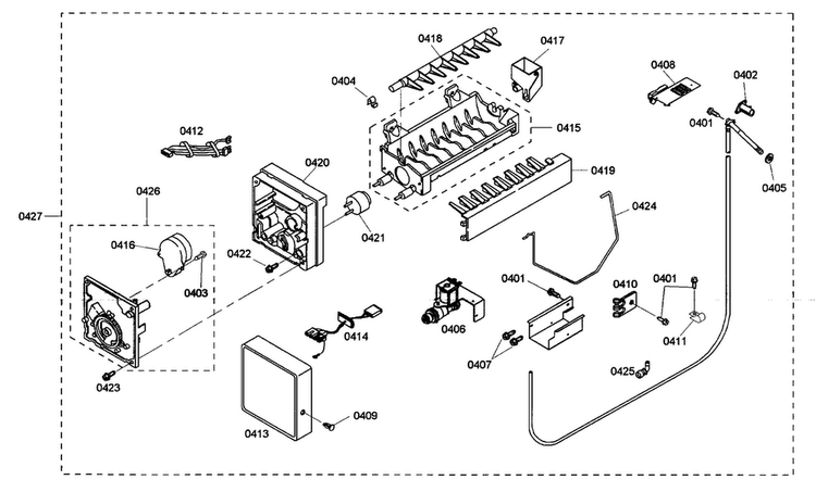 Icemaker Diagram and Parts List for KBULT3675E01  Thermador Refrigerator