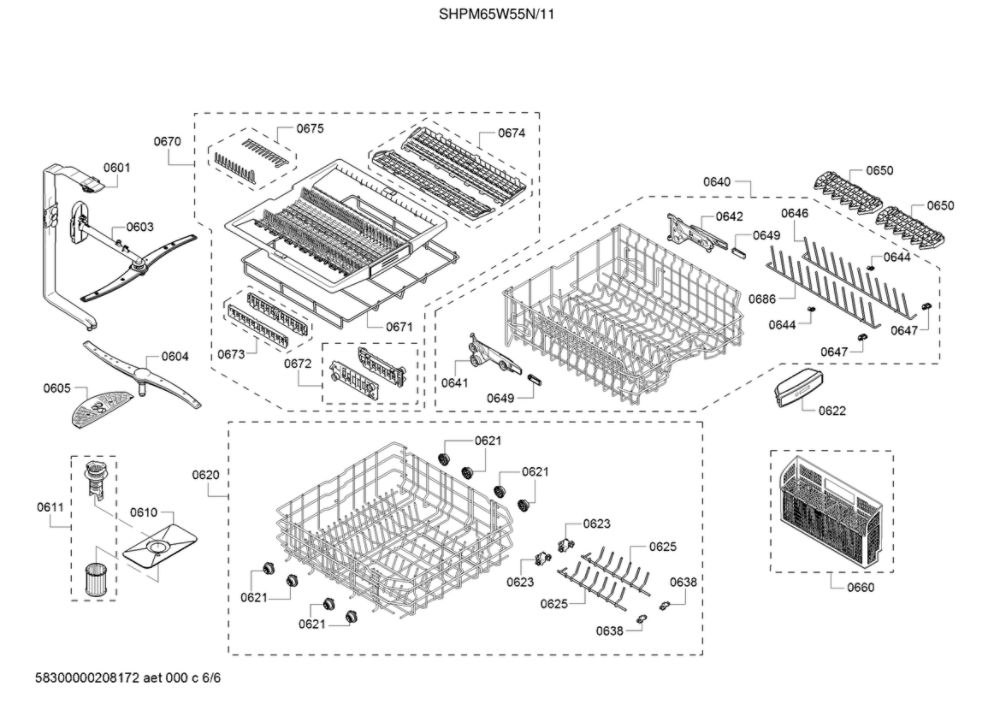 Spray Arms/Racks Diagram and Parts List for SHPM65W55N 11 Bosch Dishwasher