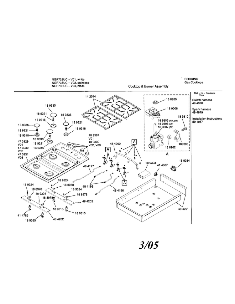 Gas, Cooktop Diagram and Parts List for NGP735UC 01 Bosch Cooktop
