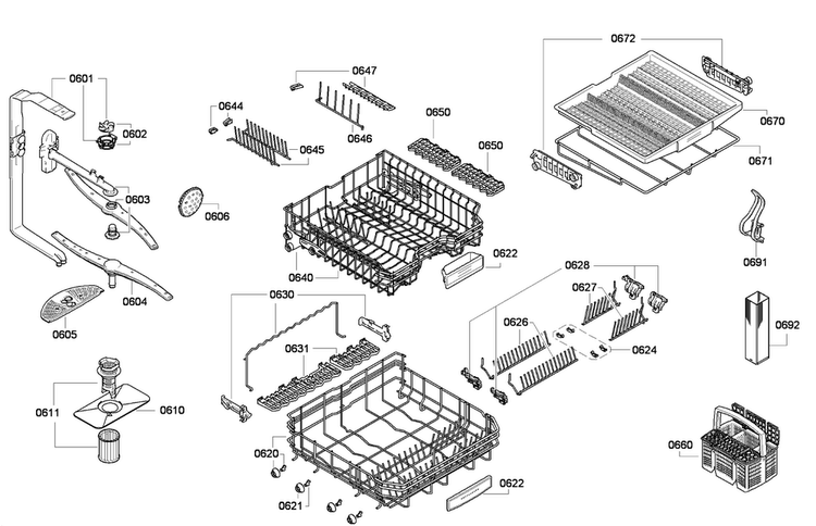 Baskets Diagram and Parts List for DWHD650GPR 16 Thermador Dishwasher