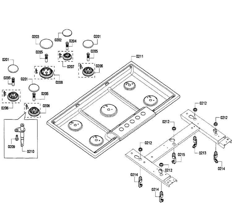 Burners Diagram and Parts List for NGM3654UC 02 Bosch Cooktop
