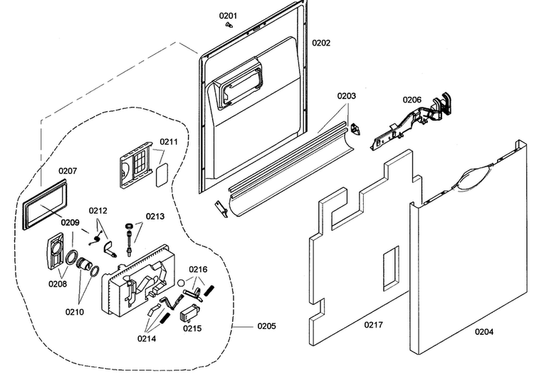 Door Assy Diagram and Parts List for SHE44C02UC 46 Bosch Dishwasher