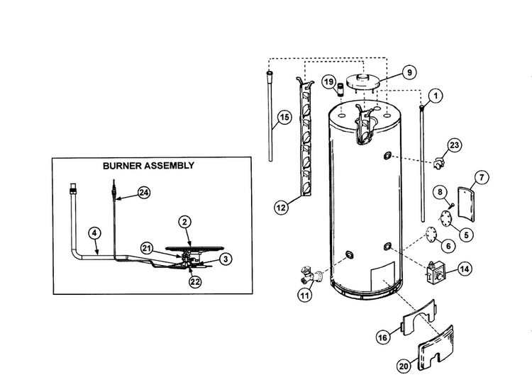 Main Assy Diagram and Parts List for 153338074  Kenmore Water Heater