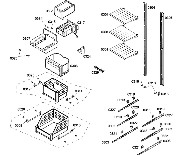 Drawers Assy Diagram and Parts List for B18IF70NSP 07 Bosch Freezer