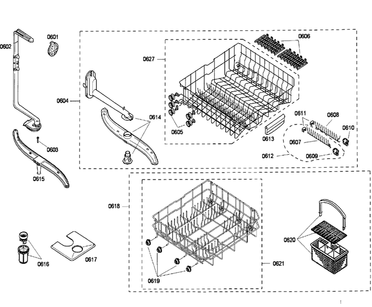 Rack Diagram and Parts List for SHU43C02UC 36 Bosch Dishwasher