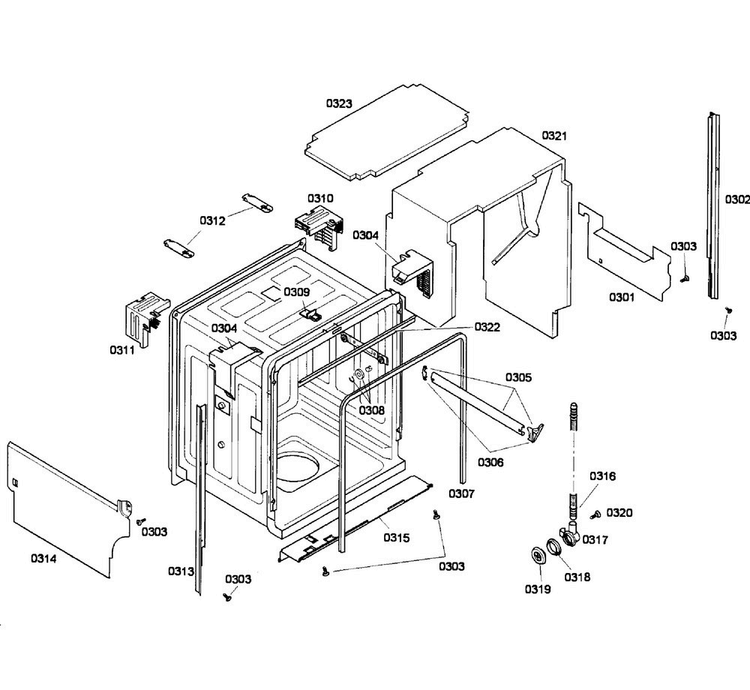 Cabinet Diagram and Parts List for SHX55M02UC 52 Bosch Dishwasher