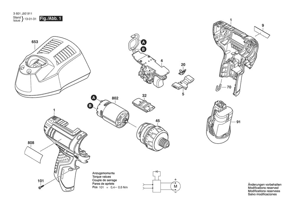 Section 1 Diagram and Parts List for PS11 3601J92912 Bosch Screwdriver