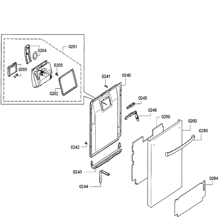 Door Diagram and Parts List for SPX5ES55UC 26 Bosch Dishwasher