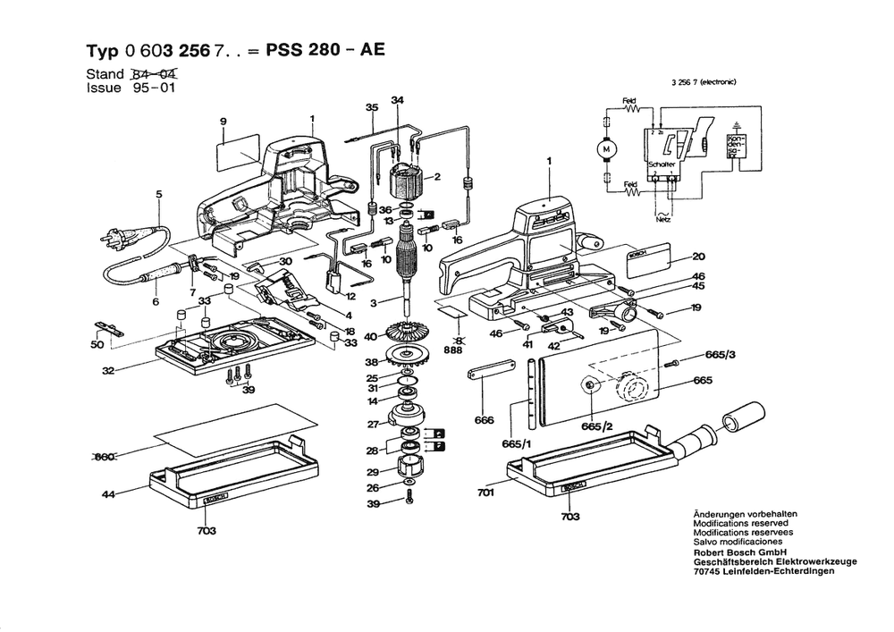 Section 1 Diagram and Parts List for PSS280AE 0603256750 Bosch Orbital or Palm Sander