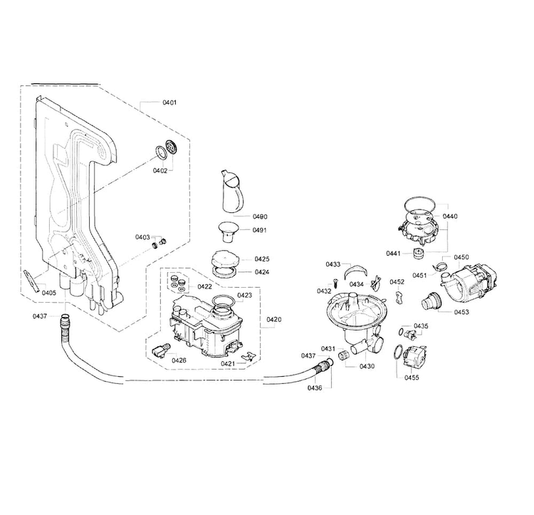 Pump & Pipe Assy Diagram and Parts List for SGE63E06UC 80 Bosch Dishwasher