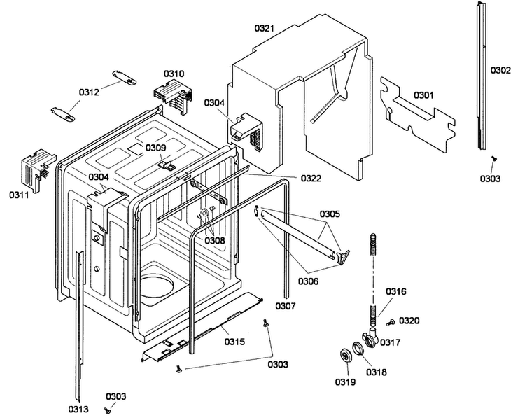 Cabinet Diagram and Parts List for SHX45P01UC 53 Bosch Dishwasher