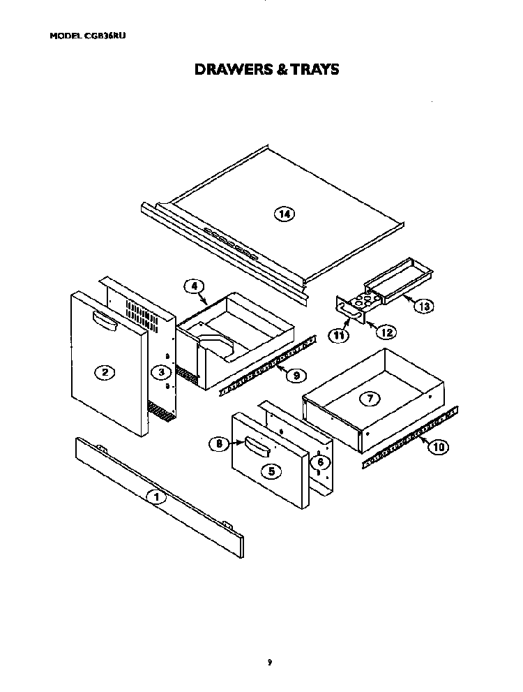 Drawers And Trays Diagram and Parts List for CGB36RU  Thermador Grill