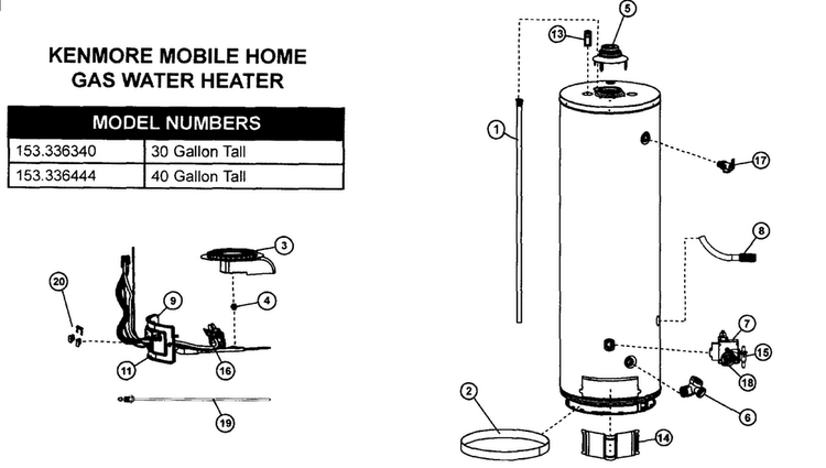 Water Heater Diagram and Parts List for 153336340  Kenmore Water Heater