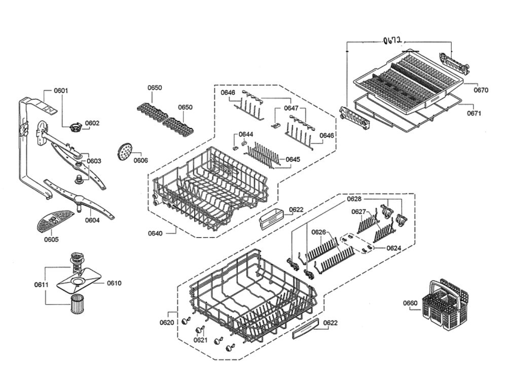 Spray Arms/Racks Diagram and Parts List for DWHD640JFP D5 Thermador Dishwasher