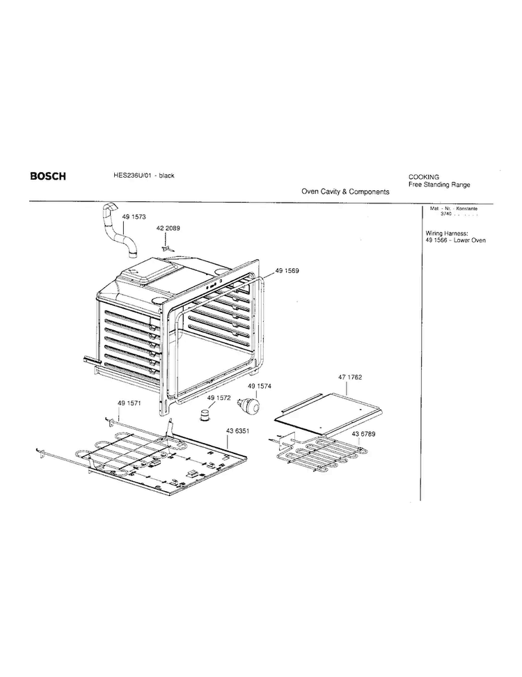 Oven Cavity And  Components Diagram and Parts List for HES236U 01 Bosch Range