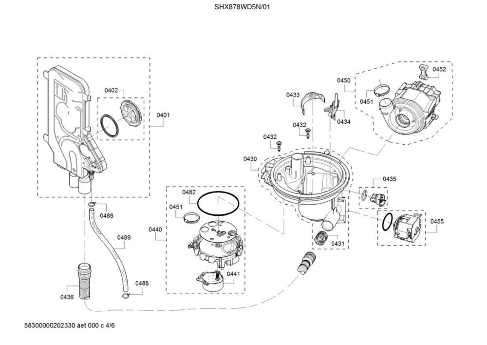 Water Inlet System/Heat And Drain Pump Diagram and Parts List for SHX878WD5N 01 Bosch Dishwasher