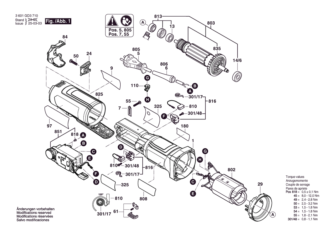 Figure 1 Diagram and Parts List for 3601GD3810 GWX14-60PBD Bosch Angle Grinder