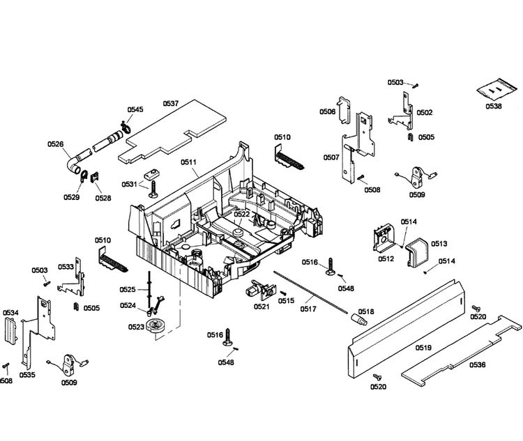Base Assy Diagram and Parts List for SHE43P15UC 53 Bosch Dishwasher