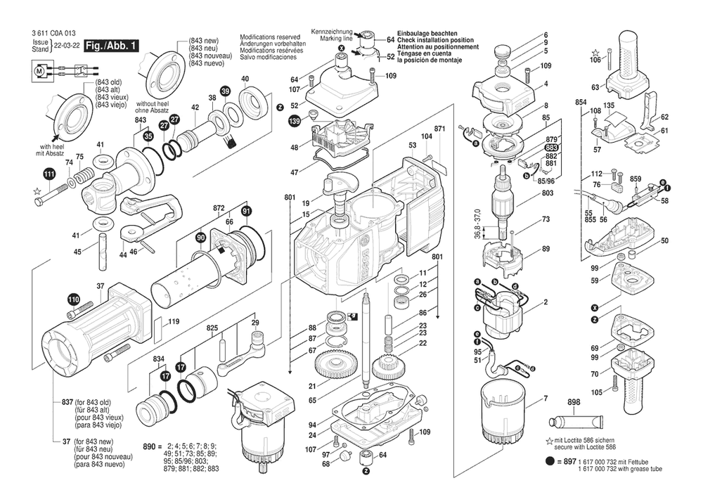 Section 1 Diagram and Parts List for BH2770VC 3611C0A012 Bosch Demolition Hammer