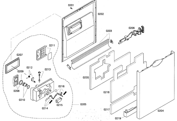 Door Assy Diagram and Parts List for SHE65P02UC 53 Bosch Dishwasher