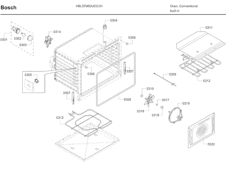 Inner Parts Diagram and Parts List for HBL57M52UC 01 Bosch Wall Oven