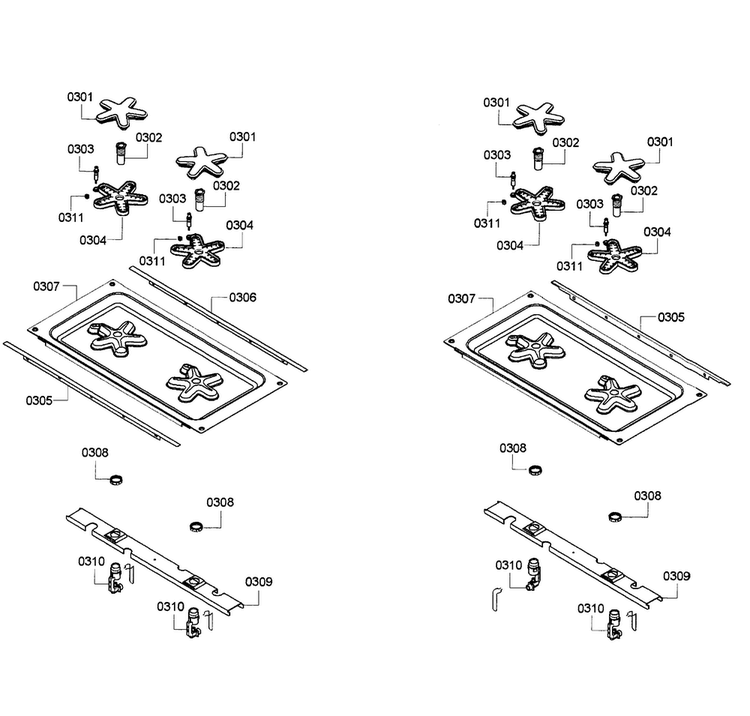 Burners Assy Diagram and Parts List for PRD484EEHU 01 Thermador Range