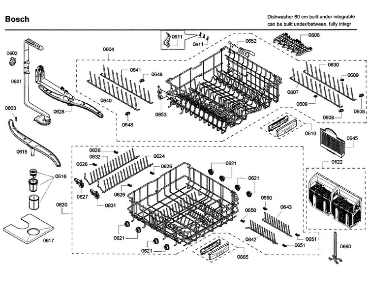 Rack Diagram and Parts List for SHV68P03UC 60 Bosch Dishwasher