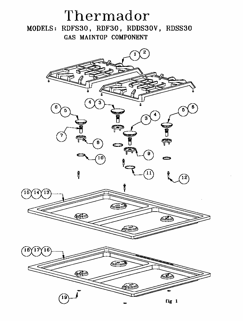 Gas Maintop Component Diagram and Parts List for RED30VQW PRIOR-9708 Thermador Range