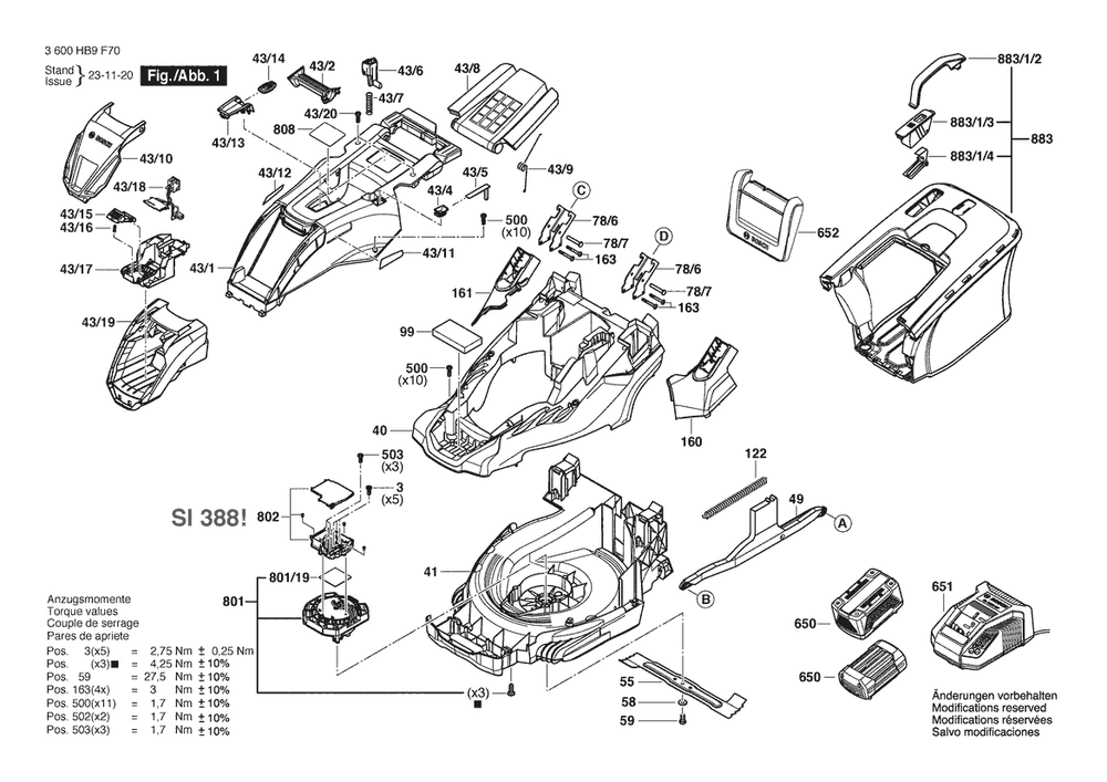 Section 1 Diagram and Parts List for 3600HB9F70  Bosch Lawn Mower