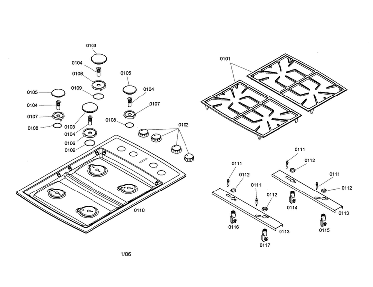 Grate/burner Cap/maintop/jet Holder Diagram and Parts List for NGP745UC 01 Bosch Cooktop