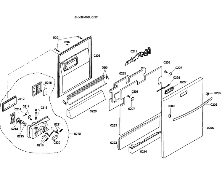 Door Assy Diagram and Parts List for SHX98M09UC 57 Bosch Dishwasher