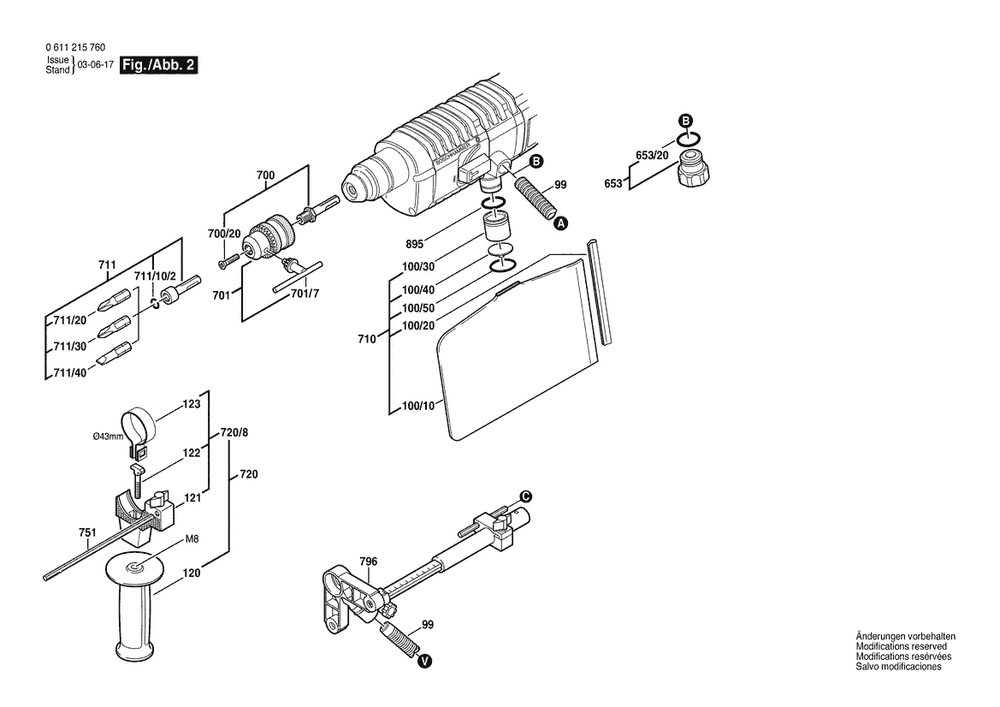 Section 2 Diagram and Parts List for GBH2-20REA 0611215760 Bosch Hammer Drill